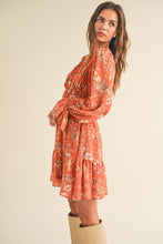 Rust Multi Floral Multi Long Puff Sleeve Tiered Mini Dress