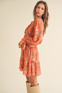 Rust Multi Floral Multi Long Puff Sleeve Tiered Mini Dress