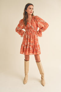 Rust Multi Floral Multi Long Puff Sleeve Tiered Mini Dress