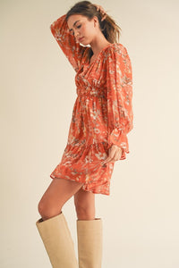 Rust Multi Floral Multi Long Puff Sleeve Tiered Mini Dress