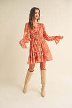 Rust Multi Floral Multi Long Puff Sleeve Tiered Mini Dress