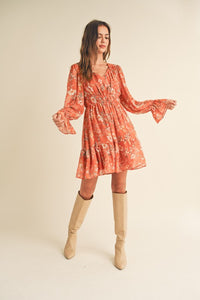 Rust Multi Floral Multi Long Puff Sleeve Tiered Mini Dress