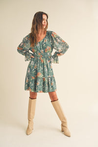 Dark Green Multi Long Puff Sleeve Tiered Mini Dress