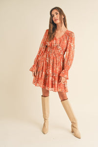 Rust Multi Floral Multi Long Puff Sleeve Tiered Mini Dress