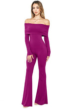 Magenta Off Shoulder Long Sleeve Flare Hem Jumpsuit