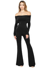 Black Off Shoulder Long Sleeve Flare Hem Jumpsuit