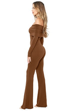 Toffee Off Shoulder Long Sleeve Flare Hem Jumpsuit