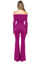 Magenta Off Shoulder Long Sleeve Flare Hem Jumpsuit