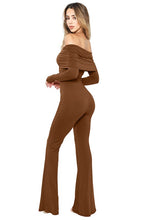 Toffee Off Shoulder Long Sleeve Flare Hem Jumpsuit