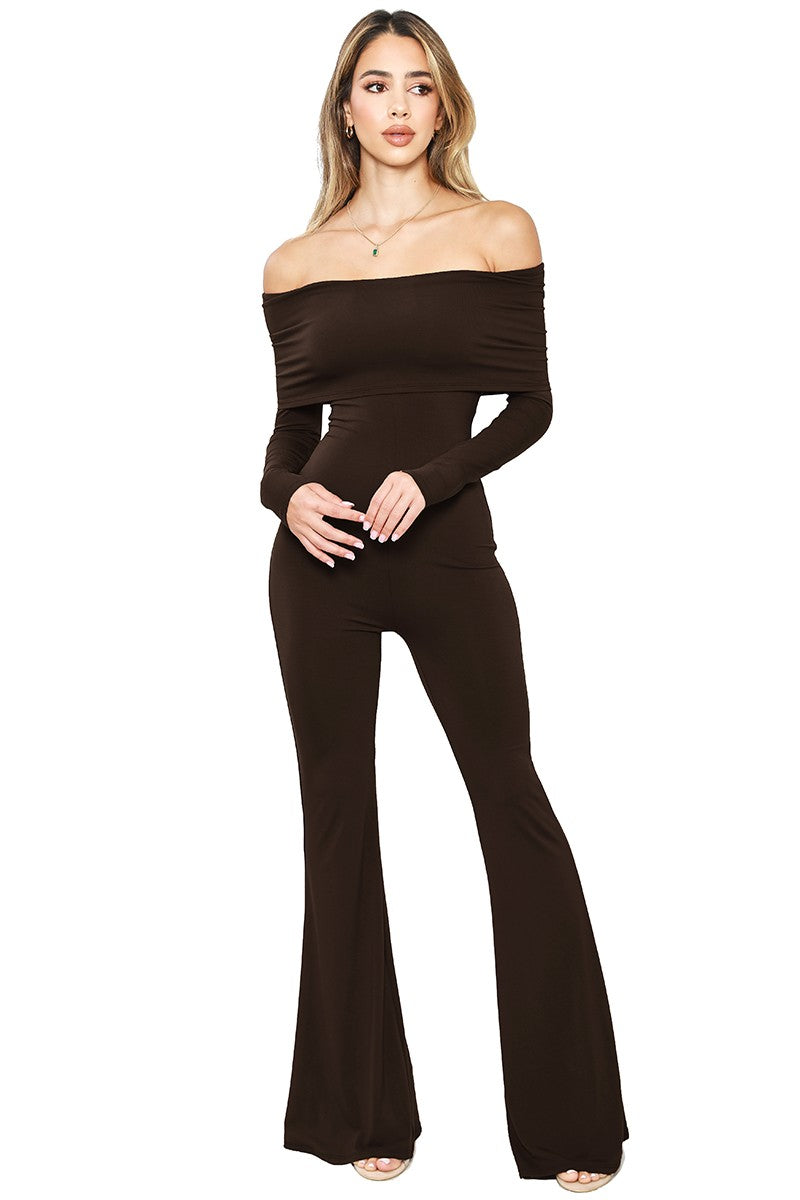 Chocolate Off Shoulder Long Sleeve Flare Hem Jumpsuit – Aquarius Brand