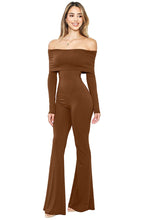 Toffee Off Shoulder Long Sleeve Flare Hem Jumpsuit