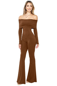 Toffee Off Shoulder Long Sleeve Flare Hem Jumpsuit