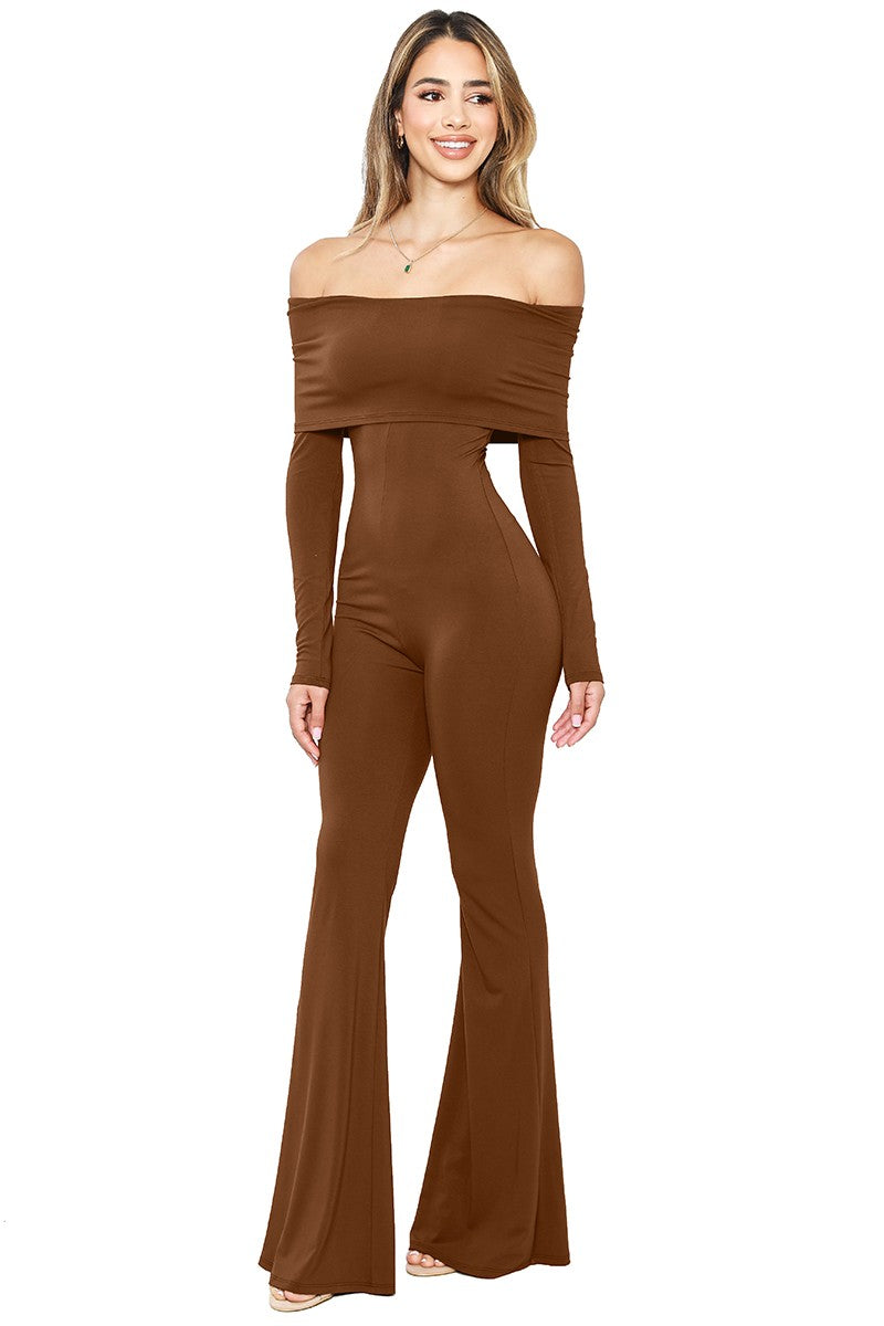 Toffee Off Shoulder Long Sleeve Flare Hem Jumpsuit