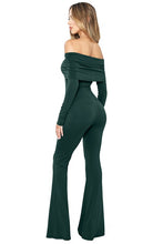 Hunter Green Off Shoulder Long Sleeve Flare Hem Jumpsuit