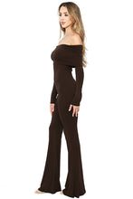 Chocolate Off Shoulder Long Sleeve Flare Hem Jumpsuit