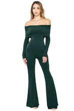 Hunter Green Off Shoulder Long Sleeve Flare Hem Jumpsuit