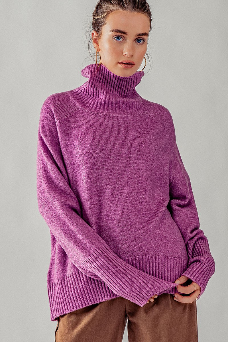 Vintage Plum High Turtle Neck Drop Shoulder Knit Top