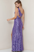 Purple One Shoulder Lace Up Back Slit Sequin Maxi Dress