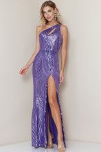 Purple One Shoulder Lace Up Back Slit Sequin Maxi Dress