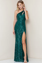 Emerald One Shoulder Lace Up Back Slit Sequin Maxi Dress