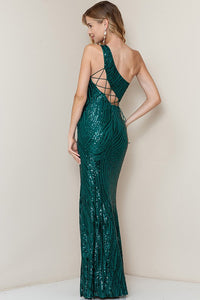 Emerald One Shoulder Lace Up Back Slit Sequin Maxi Dress Aquarius Brand Emerald One Shoulder Lace Up Back Slit Sequin Maxi Dress Aquarius Brand