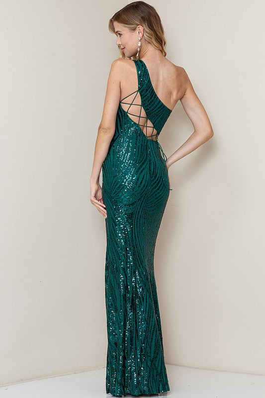 Emerald One Shoulder Lace Up Back Slit Sequin Maxi Dress Aquarius Brand Emerald One Shoulder Lace Up Back Slit Sequin Maxi Dress Aquarius Brand
