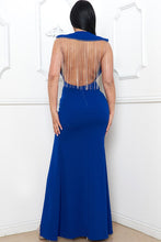 Royal Rhinestone Fringe Open Bak Maxi Dress