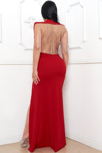 Red Rhinestone Fringe Open Bak Maxi Dress