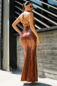 Copper Sequin Two Tone Maxi Dress