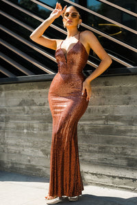 Copper Sequin Two Tone Maxi Dress
