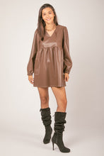 Brown V-neck Flare Faux Leather Babydoll Mini Dress
