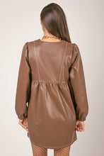 Brown V-neck Flare Faux Leather Babydoll Mini Dress