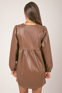 Brown V-neck Flare Faux Leather Babydoll Mini Dress