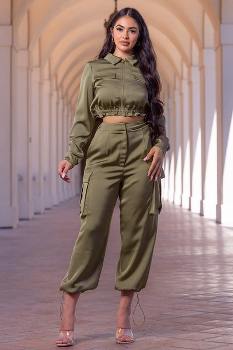 Olive Solid Satin Two Piece Cargo Pant Set