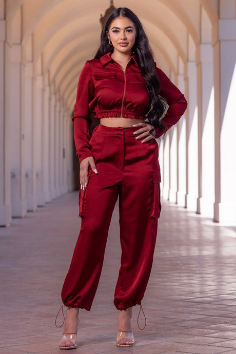 Burgundy Solid Satin Two Piece Cargo Pant Set