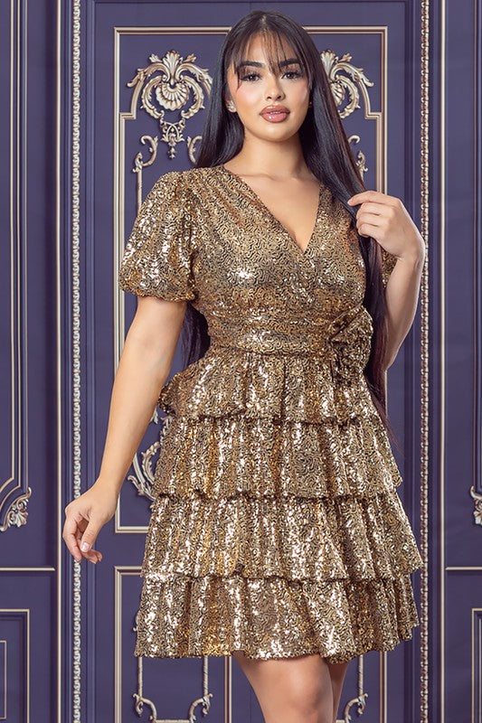 Gold Sequin Tiered Mini Flare Dress Aquarius Brand Gold Sequin Tiered Mini Flare Dress Aquarius Brand