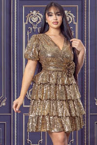 Gold Sequin Tiered Mini Flare Dress