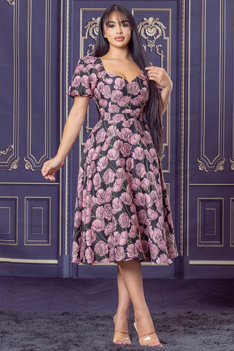 Multi Color Floral Print Flare Midi Dress