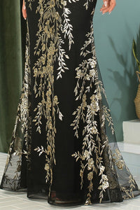 Black/Gold Illusion Top Embroidery/Glitter Trumpet Dress