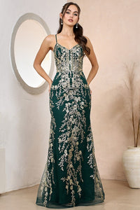 Emerald/Gold Illusion Top Embroidery/Glitter Trumpet Dress