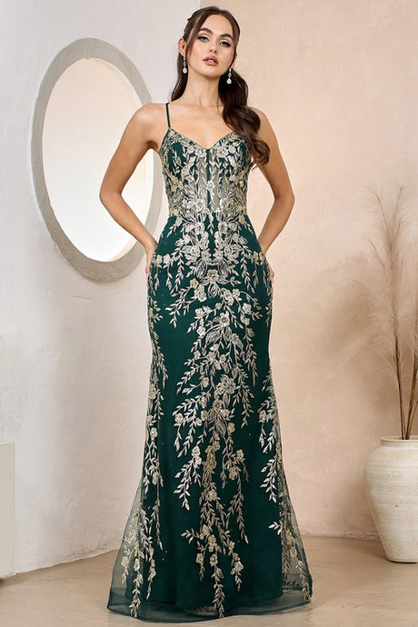 Emerald/Gold Illusion Top Embroidery/Glitter Trumpet Dress