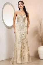 Champagne/Gold Illusion Top Embroidery/Glitter Trumpet Dress
