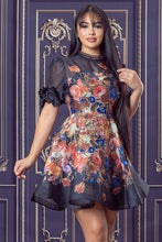 Black Multi 3D Flower Sleeve Mini Flare Dress