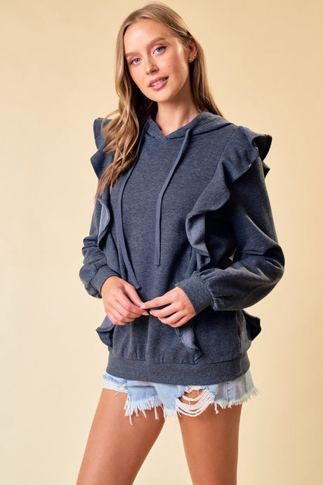 Charcoal Hoodie Ruffle Pull-Over