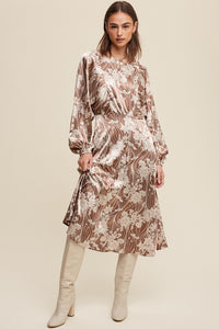 Mocha Scotch Floral Print Satin Ciinched A-Line Midi Dress