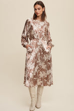 Mocha Scotch Floral Print Satin Ciinched A-Line Midi Dress