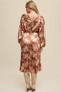 Butter Scotch Floral Print Satin Ciinched A-Line Midi Dress