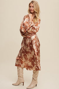 Butter Scotch Floral Print Satin Ciinched A-Line Midi Dress