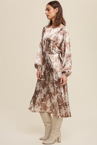 Mocha Scotch Floral Print Satin Ciinched A-Line Midi Dress