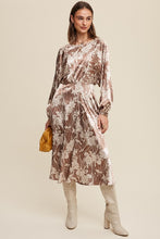 Mocha Scotch Floral Print Satin Ciinched A-Line Midi Dress